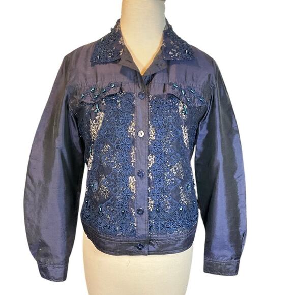 Coldwater Creek Silk Blend Shantung Jacket Size Small Embroidered Blue - Picture 1 of 10